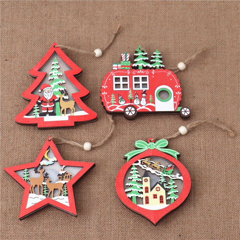 Christmas Decorations Hollow Wooden Pendant Creative Light Included Car Tree Ornaments Christmas Decor Kids Christmas Indoor